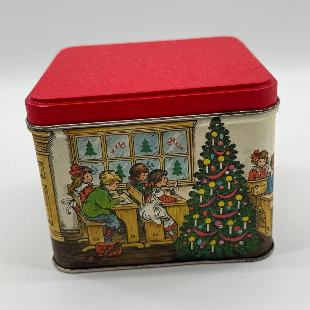 Vintage 80s Christmas Schoolhouse Tin Box Santa Teacher Classroom Decor Santa‎